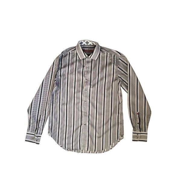 ROBERT GRAHAM Gray Men Striped Long Sleeve Shirt Flip Cuff Size M Classic Fit EC - Picture 2 of 9
